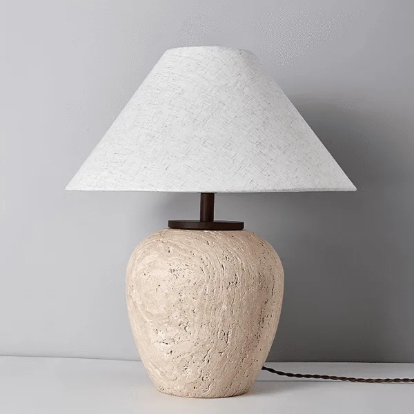 Aoji travertine table lamp with white fabric shade