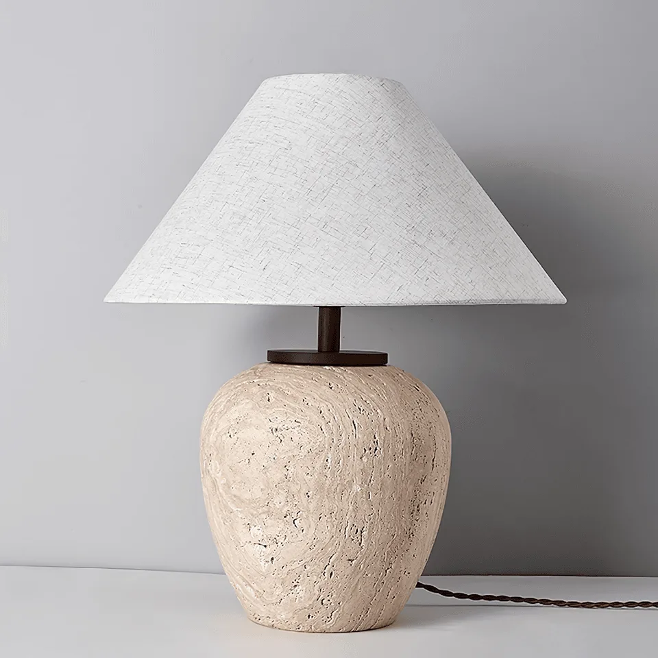 Travertine Finish Table Lamp with Fabric Shade – Hand-Polished Coating on Ceramic, 56 cm 2 Aoji travertine table lamp with white fabric shade