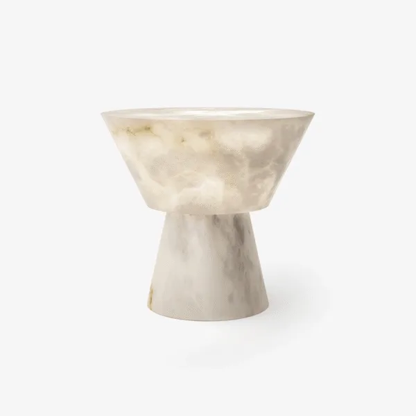Alabaster mushroom table lamp in cream-white natural stone with grey veins, unlit, front view