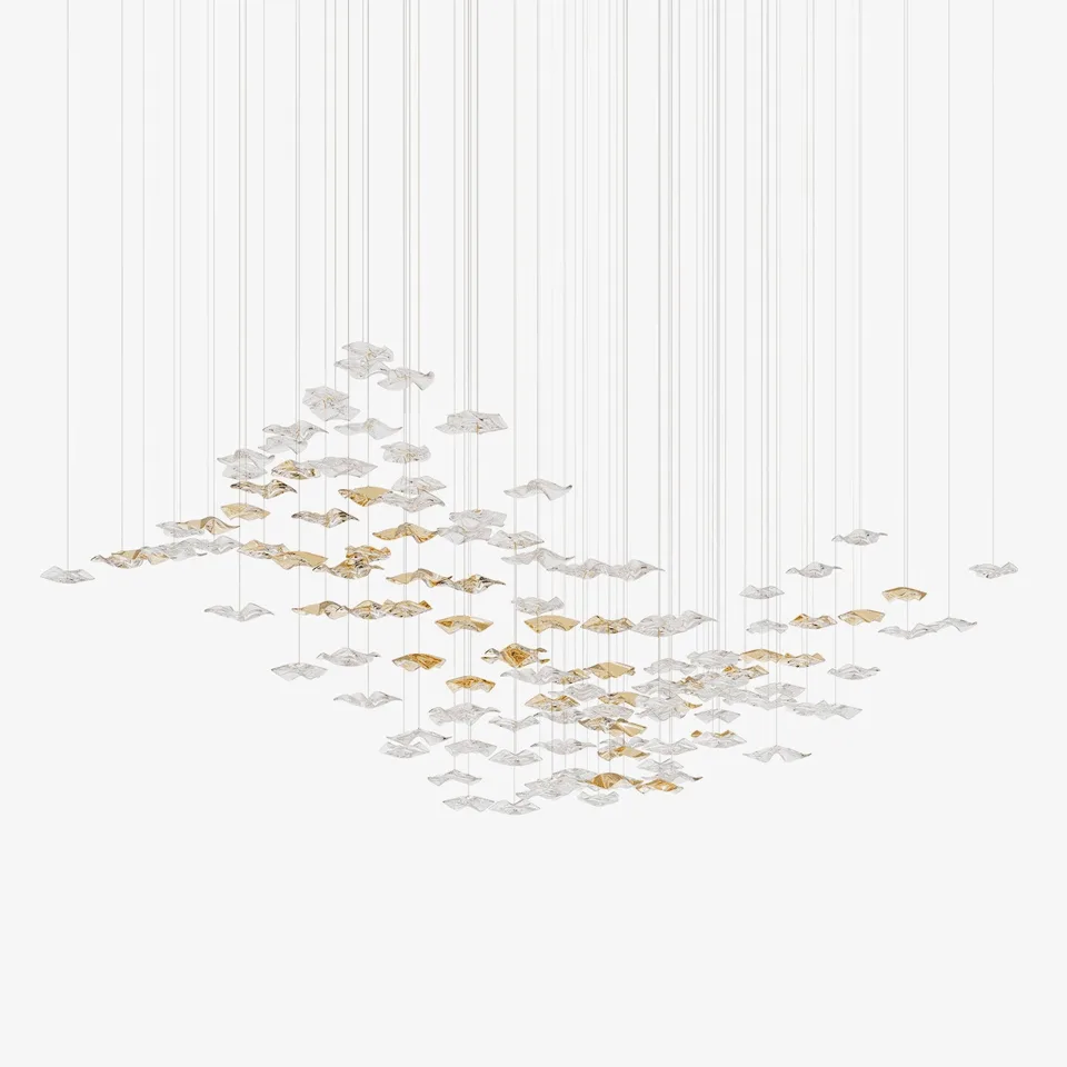 Wave Chandelier with 69 Cascading Glass Leaves – Ø75 cm Integrated LED, for Living & Dining Rooms 1 Wave chandelier with 69 cascading clear, amber and gold glass leaves for a living room