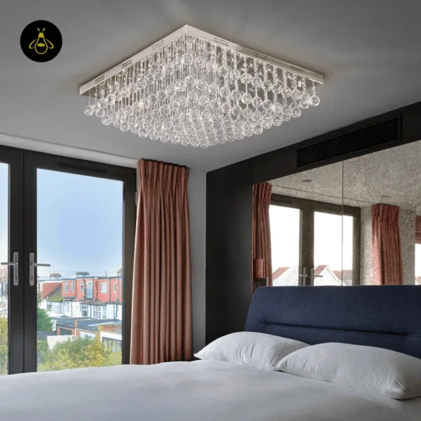 K9 crystal chandelier lit by warm-white G9 bulbs