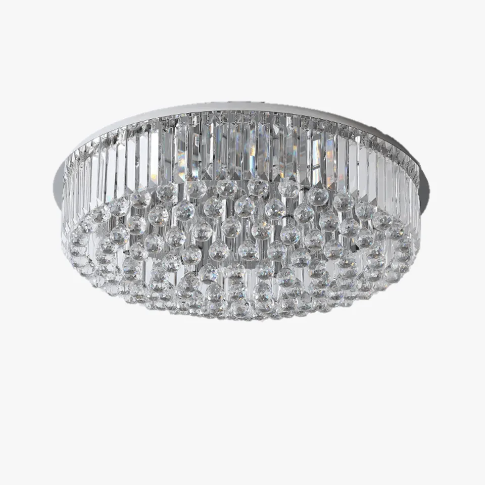 Crystal ceiling chandelier in chrome with round flush-mount K9 crystal dome for a living room
