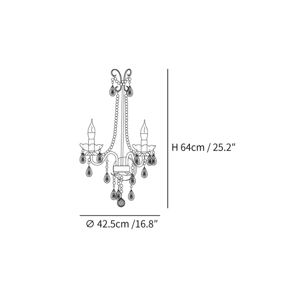 Gold Crystal Wall Sconce – 2-Light Pearl Chain French Sconce, 64 cm 7 Gold crystal wall sconce dimensions diagram showing 64 cm height and 42.5 cm width
