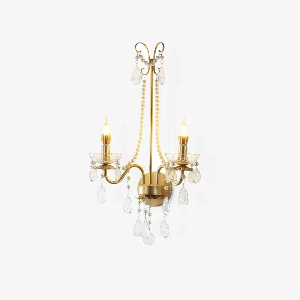 Gold crystal wall sconce with pearl-chain crystal swags and twin candle arms, front view