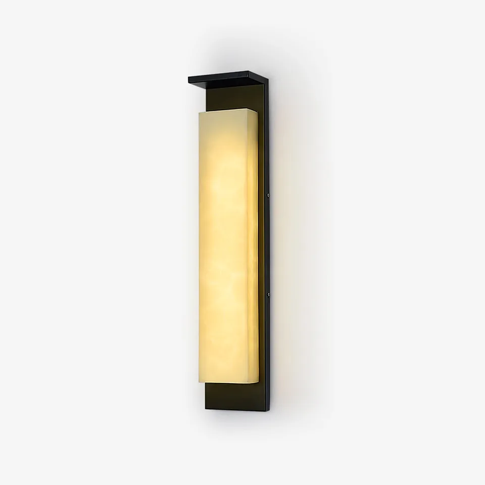 Weatherproof IP65 outdoor wall light with black frame and natural alabaster panel, front view