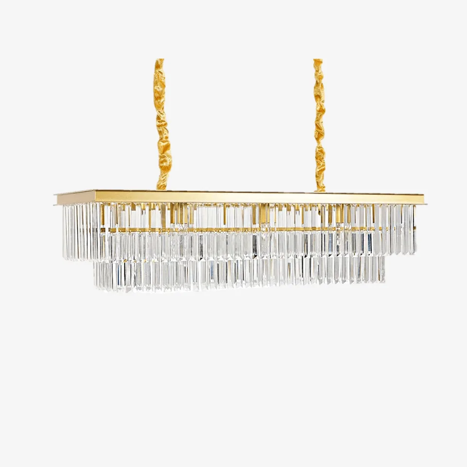 Rectangular Crystal Chandelier – Satin Gold 2-Tier Eternal Shine 1 Rectangular crystal chandelier in satin gold with clear faceted crystal for a dining room