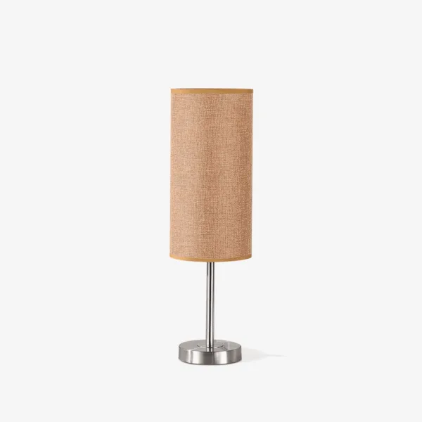 Fabric table lamp with oatmeal linen cylindrical shade on a satin-nickel base