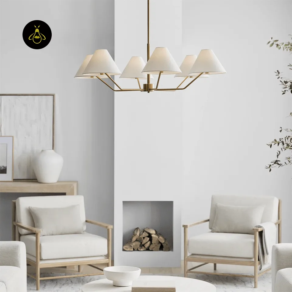 Modern Fabric Chandelier – 6-Light Brass with White Shades, 96 cm 9 Modern brass fabric shade chandelier with six white shades by JagMag Lights