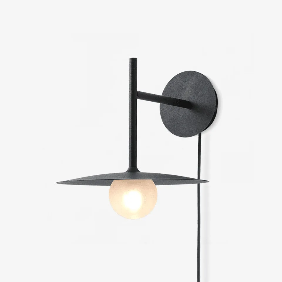 Globe wall light with a frosted glass globe on a matte black iron disc, shown as a pair