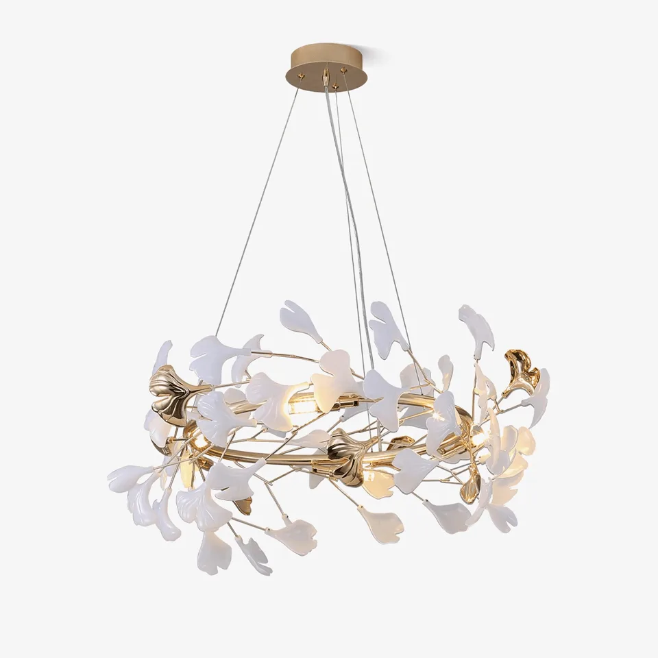 Ginkgo leaf chandelier with white ceramic leaves on a gold ring for living rooms