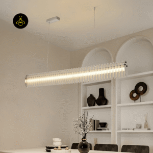 120 cm linear LED chandelier in chrome suspended on twin cables for a dining table
