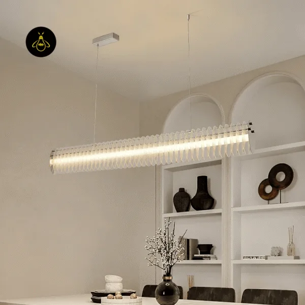 120 cm linear LED chandelier in chrome suspended on twin cables for a dining table