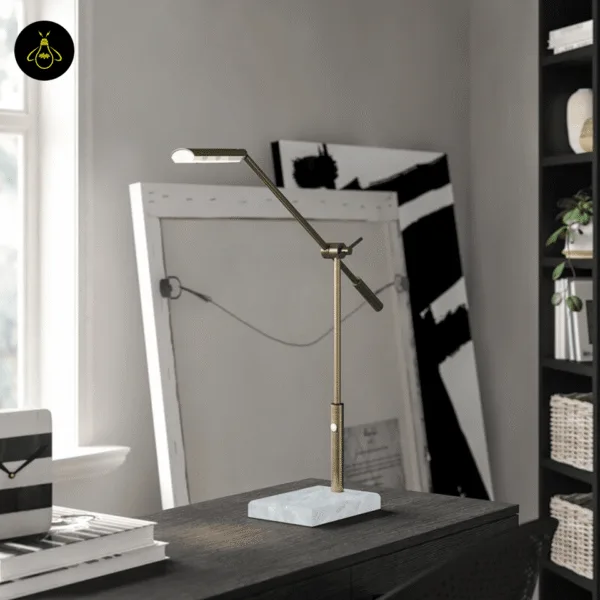 Antique brass LED desk lamp on a study desk for reading and writing