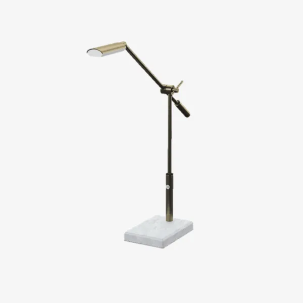 Antique brass desk lamp with white marble base and adjustable LED swing arm
