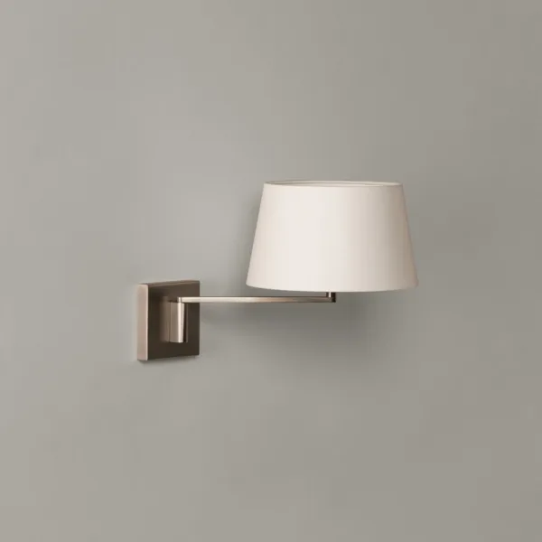 Swing Arm Wall Lamp – Satin Nickel Finish, Off-White Linen Shade, 38 cm Adjustable Reach — 3D preview