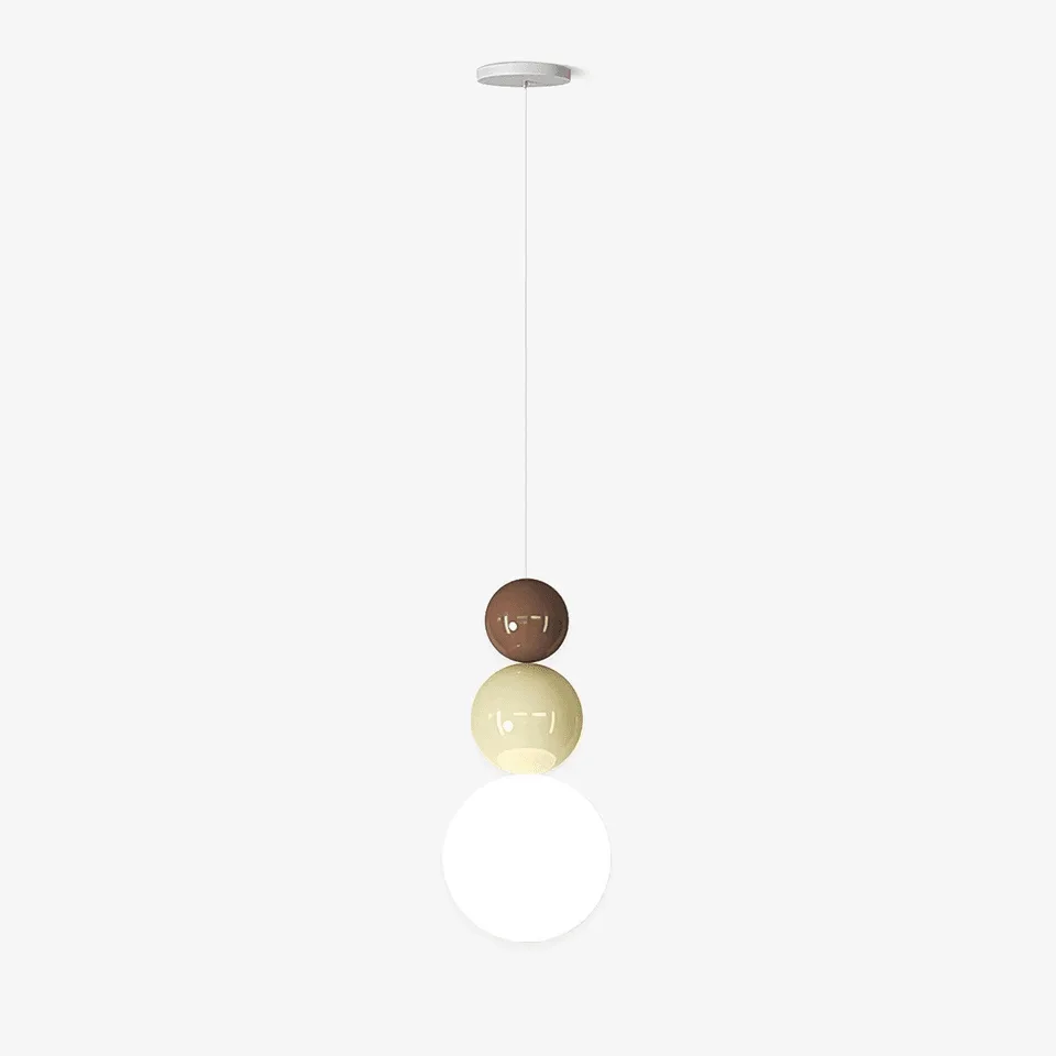 Acrylic ball pendant light with brown, beige and opal-white graduated spheres for a bedroom or living room