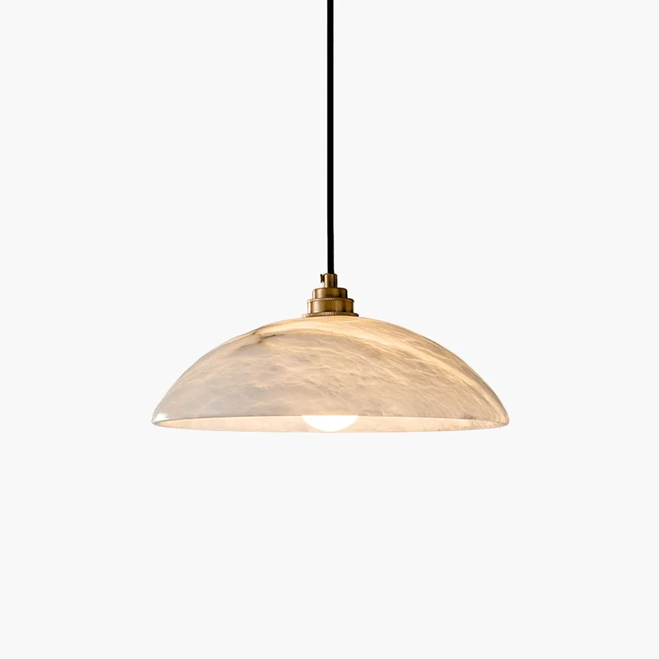 Alabaster hanging light with cream-white stone dome and brass-finish holder