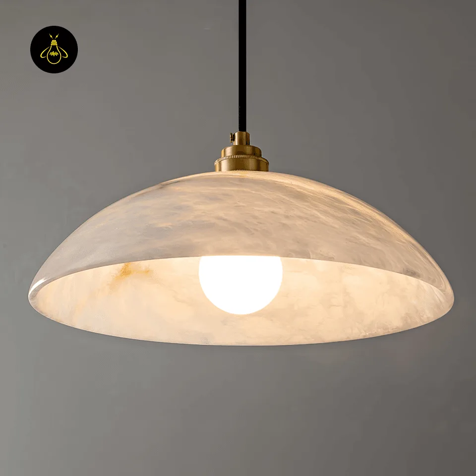 Alabaster Hanging Light – 30 cm Handcrafted Dome Pendant 6 Alabaster hanging light over a dining table with warm diffused glow