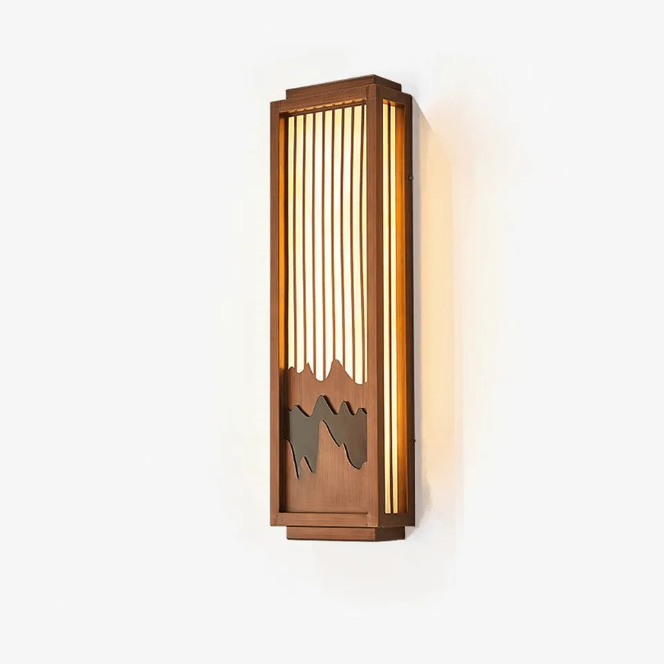Garden wall lights with brown metal frame and warm alabaster-style diffuser in a garden
