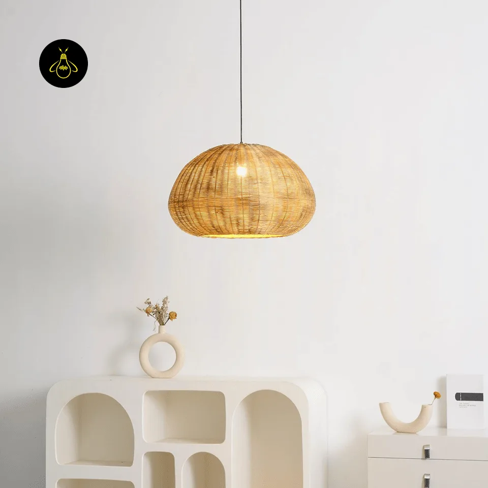 Bamboo Hanging Light – 60 cm Woven Dome Pendant for Kitchen & Dining 5 Bamboo hanging light lit with a warm E27 bulb glowing through the open weave