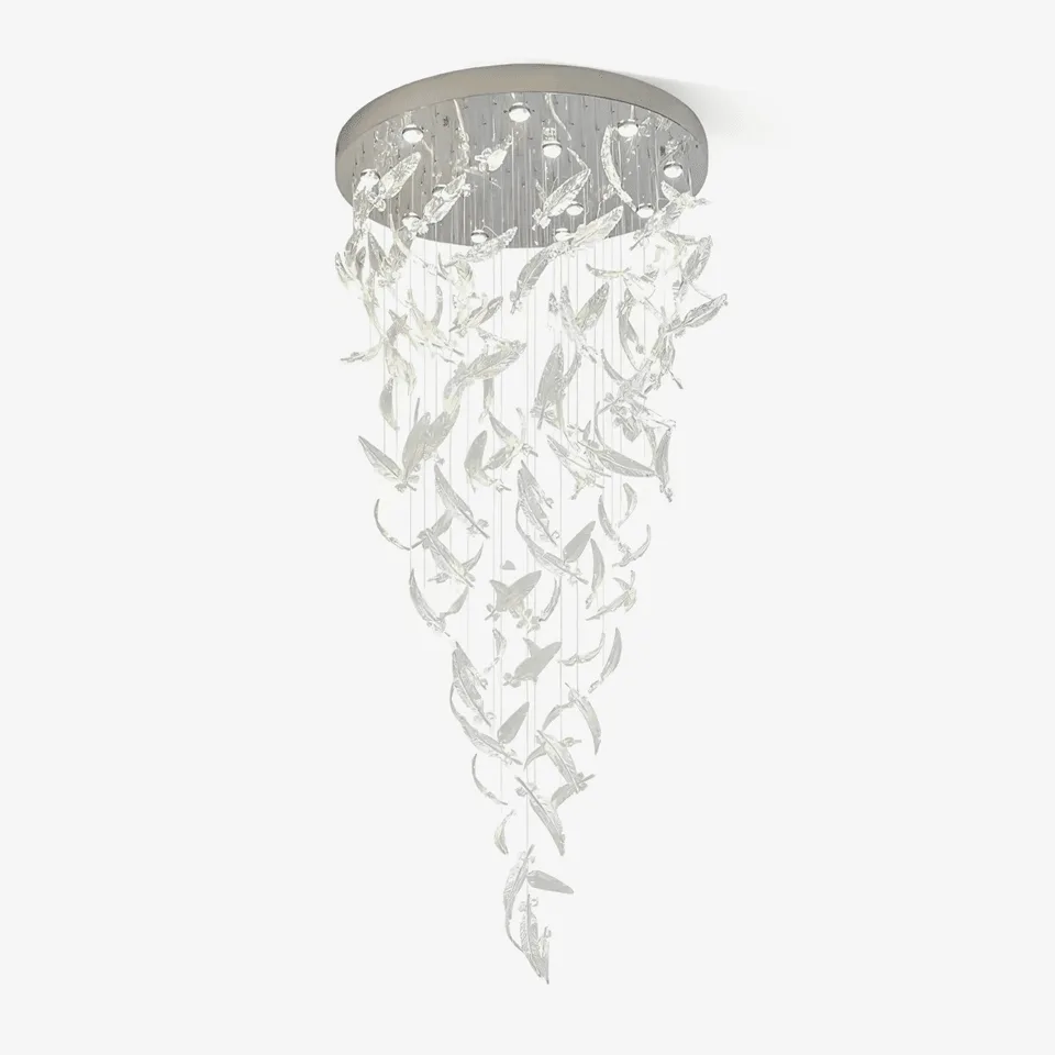 Glass feather chandelier with clear hand-blown glass feathers cascading from a round chrome canopy for high ceilings