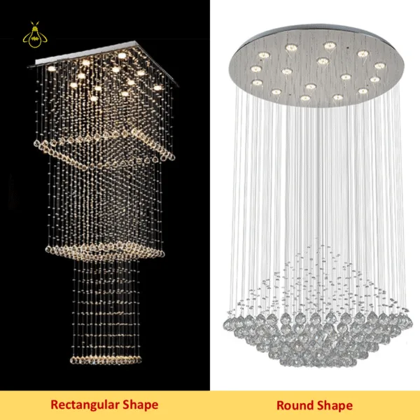 K9 crystal chandelier shown in round and rectangular shapes for high ceilings