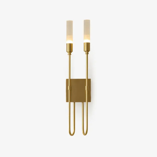 Gold wall sconce with two opal borosilicate glass tubes on U-shaped stems and a square backplate, front view on white