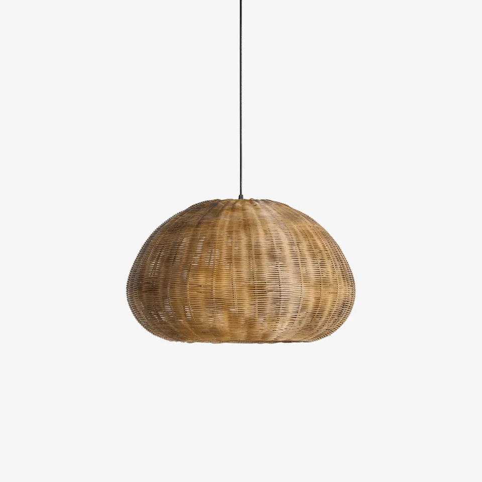 Bamboo hanging light with woven natural-finish dome shade for kitchen and dining