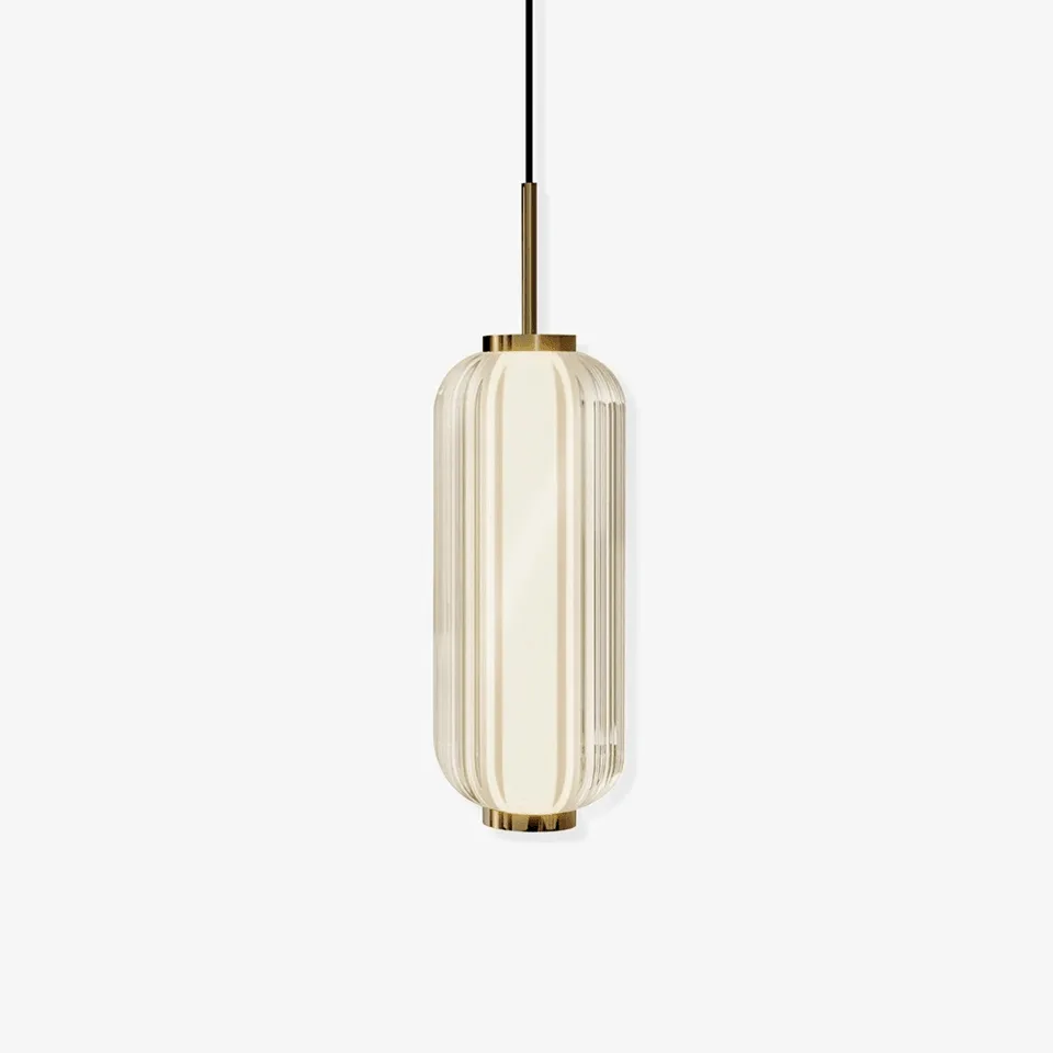 Linear glass pendant light with ribbed gold-glass cylinder for dining tables