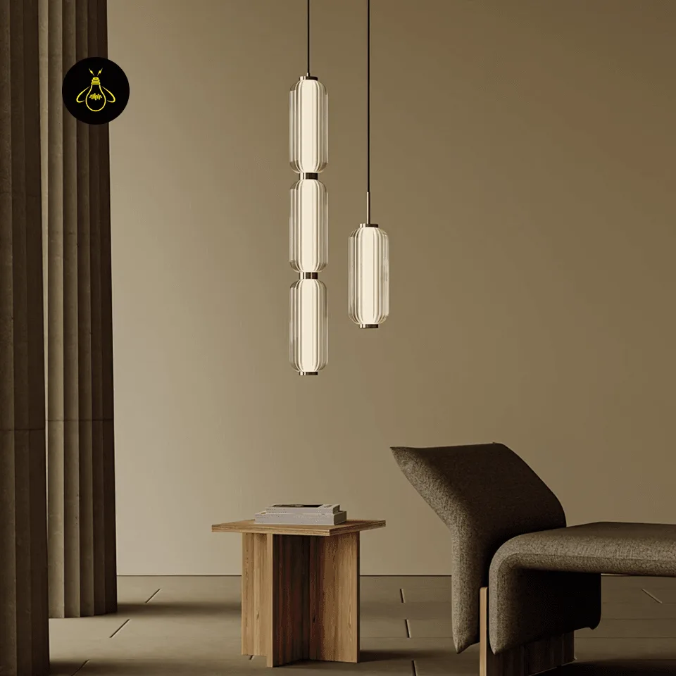 Linear Glass Pendant Light – Ribbed Gold Cylinder, 3 Sizes (31–94 cm) 7 Linear glass pendant light with two ribbed glass barrels above a dining table