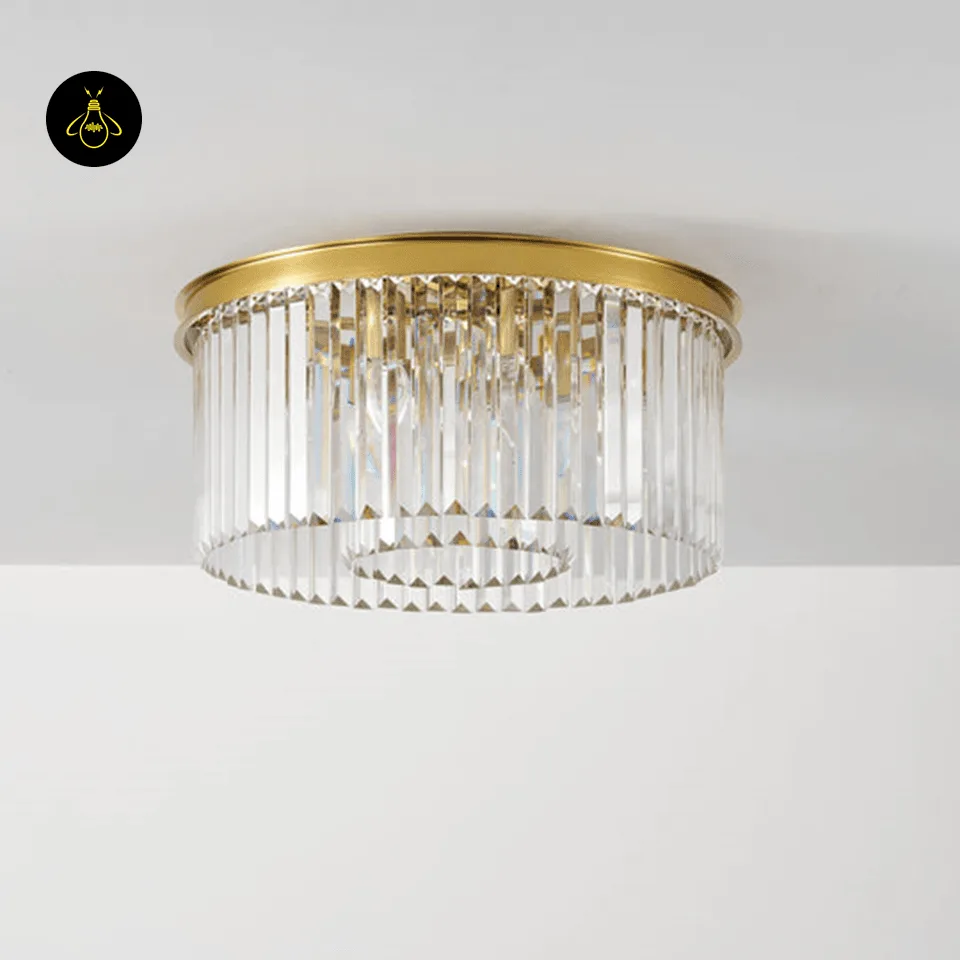 Rectangular Crystal Chandelier – Satin Gold 2-Tier Eternal Shine 13 Round satin gold crystal chandelier showing the layered crystal prism design