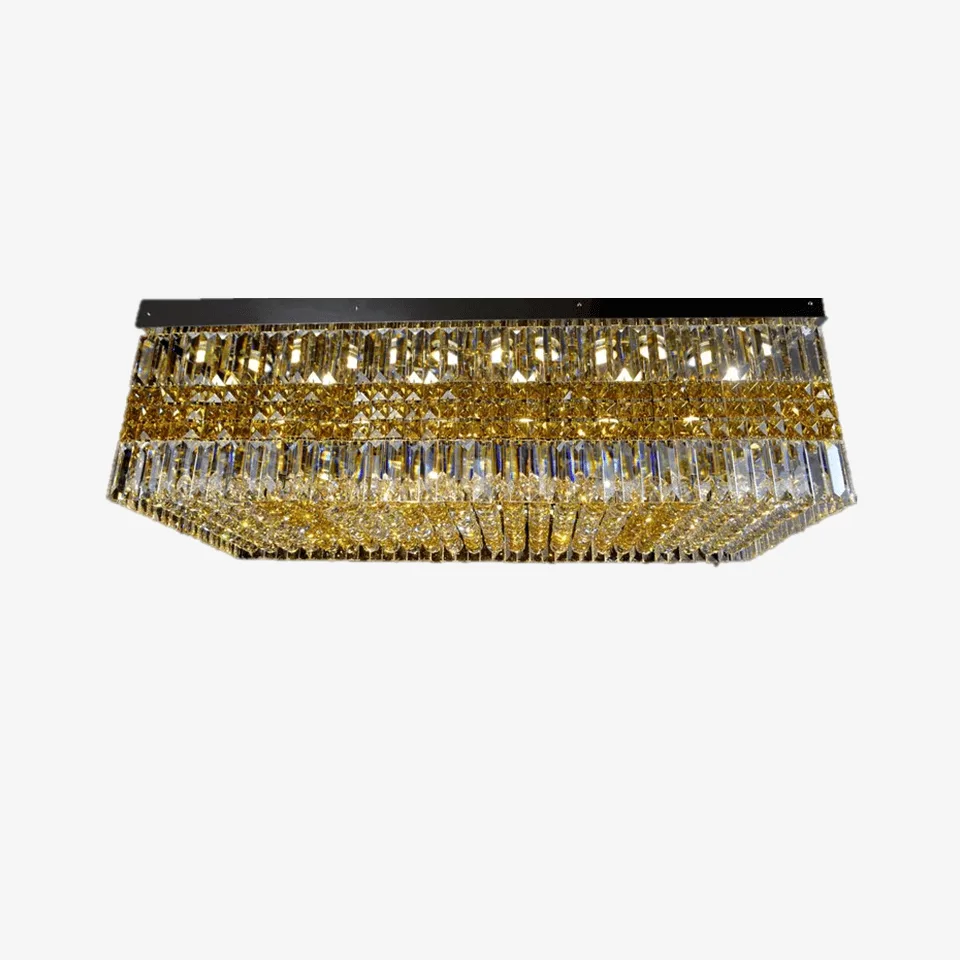 Crystal Ceiling Light – Rectangular Tiered Crystal Flush Mount, Gold or Black 3 Crystal ceiling light close-up — clear crystal prism batons, faceted crystal squares and raut-ball base