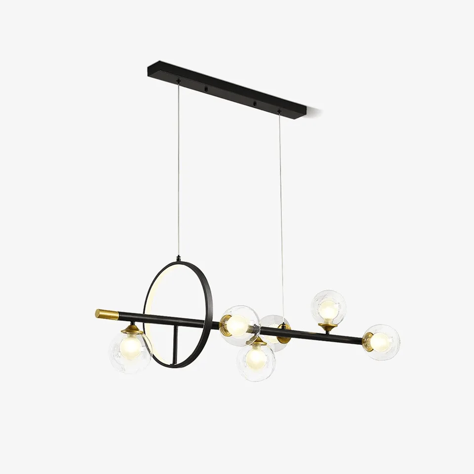 Dining table chandelier with six clear glass globes and brass sockets on a matte black linear bar