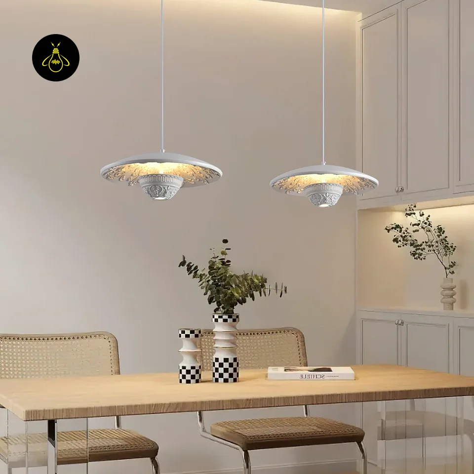 Resin Pendant Light – White Flying Saucer Disc, 35 cm 4 Pair of white resin pendant lights over a dining table in a modern room