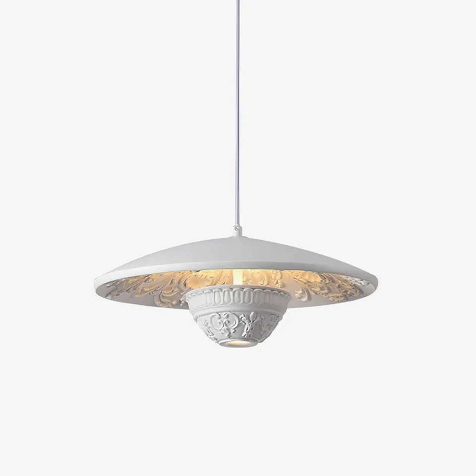 White resin pendant light with carved underside, flying-saucer disc shade for dining rooms