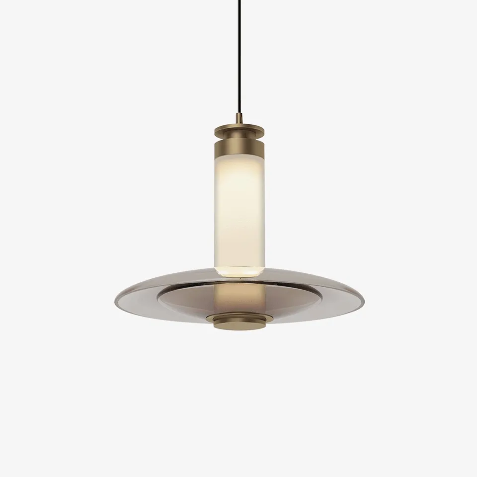 Flying saucer pendant light in gold with a smoke-grey glass disc for the dining room