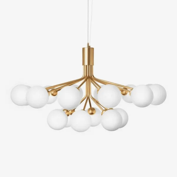 Glass globe chandelier with around 18 opal borosilicate glass globes on a brushed-brass cluster frame