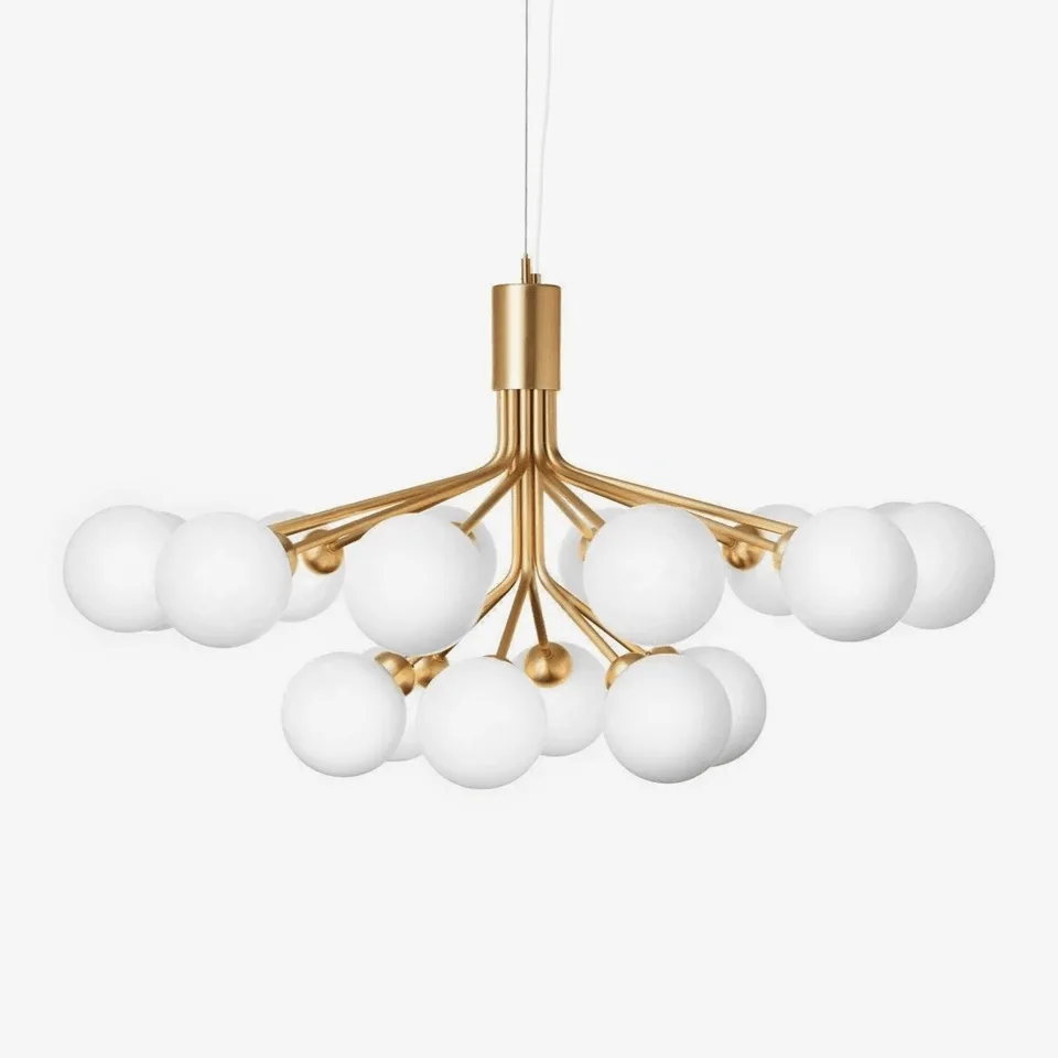 Glass globe chandelier with around 18 opal glass globes on a brushed-brass cluster frame