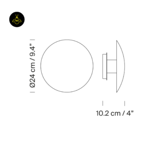Round LED wall light dimensions: 24 cm disc diameter and 10.2 cm wall projection