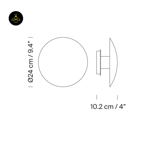 LED wall light dimension drawing: 24 cm diameter and 10.2 cm projection from the wall