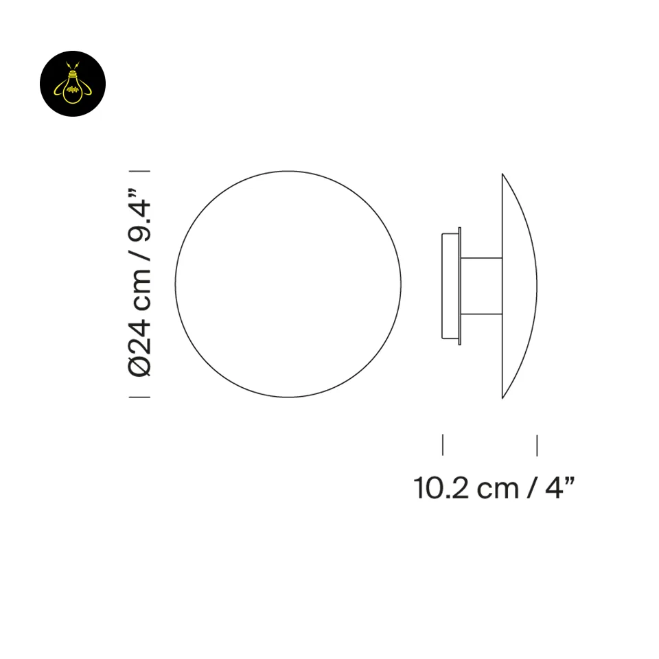 Round LED Wall Light – Satin Nickel Eclipse Disc, 24 cm Warm White Halo 11 LED wall light dimension drawing: 24 cm diameter and 10.2 cm projection from the wall