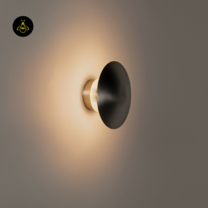Satin nickel round LED wall light, side view showing the slim 10.2 cm projection