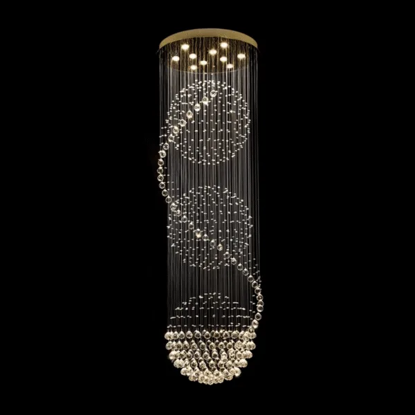 Spiral raindrop chandelier with cascading K9 crystal balls and GU10 LEDs on a chrome canopy
