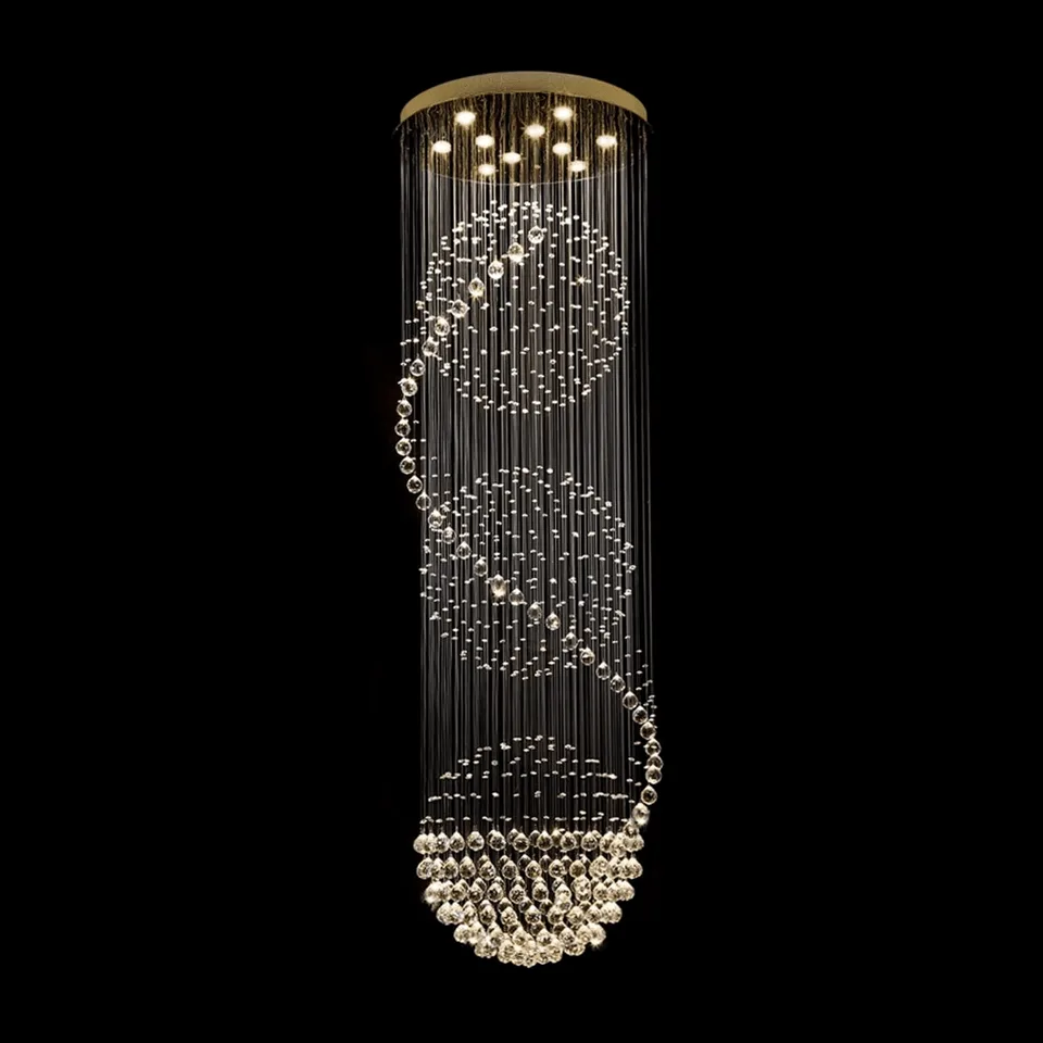 Spiral raindrop chandelier with cascading K9 crystal balls and GU10 LEDs on a chrome canopy