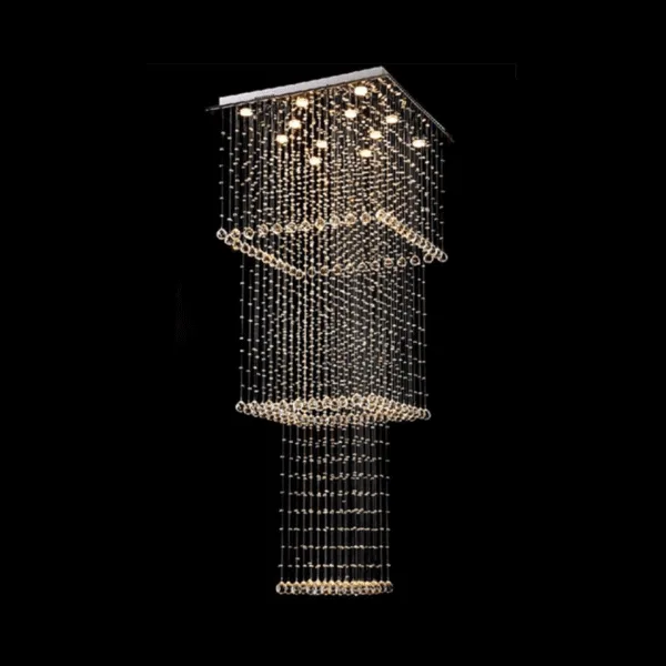 K9 crystal chandelier with a long raindrop design and mirror-finish canopy for a high-ceiling foyer