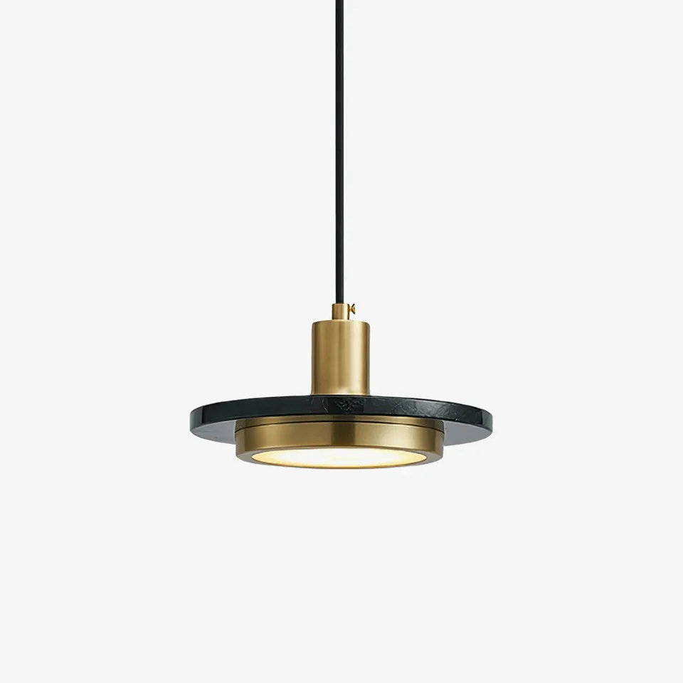 Marble pendant light with black marble disc and brushed gold drum in a double circle design