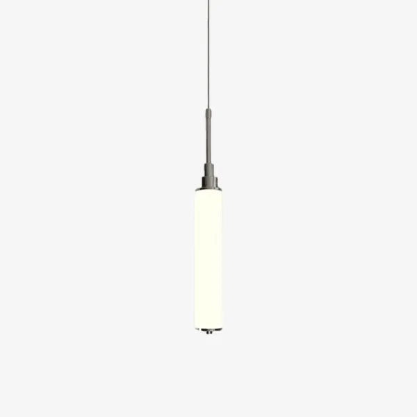 Chrome cylinder pendant light with a slim opal borosilicate glass tube, lit warm, on a plain background