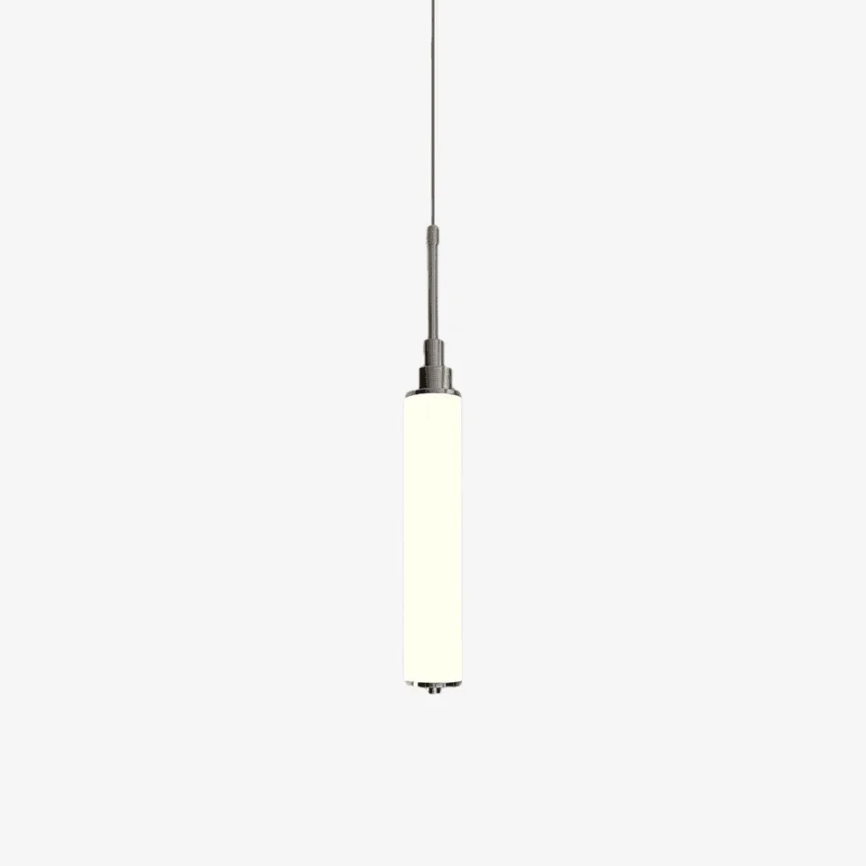 Chrome pendant light with white opal glass cylinder shade and warm LED glow