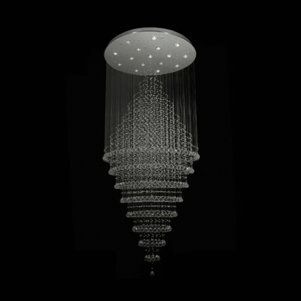 Long crystal chandelier with cascading K9 crystal balls in a funnel column for a staircase