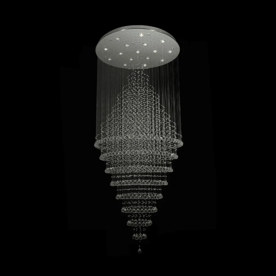 Long crystal chandelier with cascading K9 crystal balls in a funnel column for a staircase